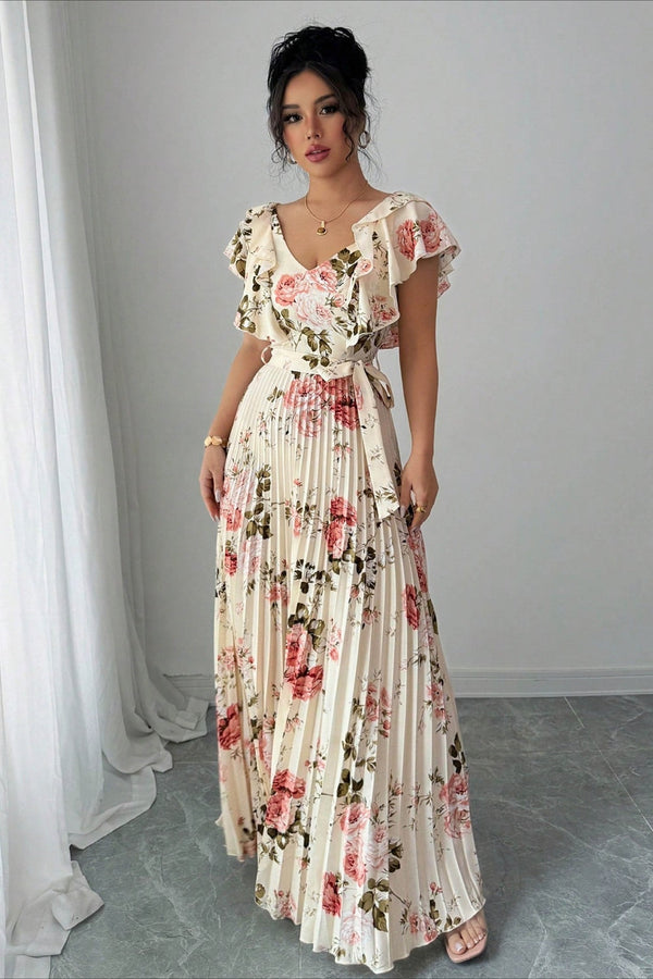 Valentina Floral V-Neck Ruffle Sleeve Maxi Dress