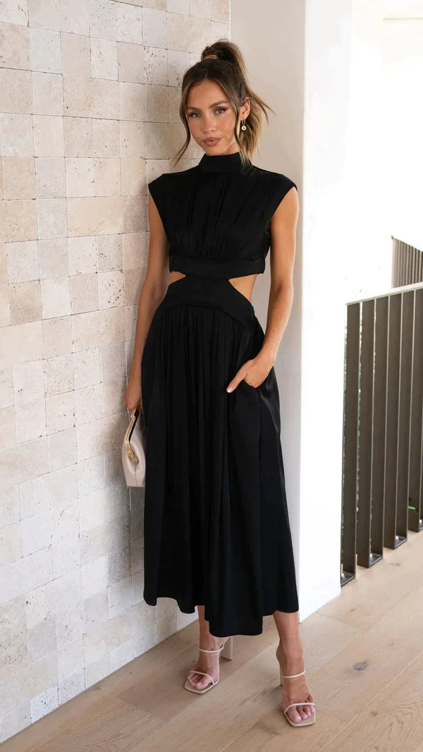 Robe midi Valentina à col montant et découpes à la taille