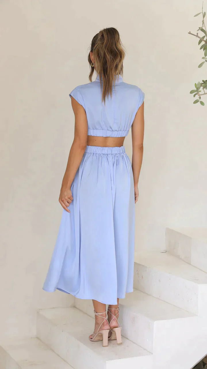 Robe midi Valentina à col montant et découpes à la taille