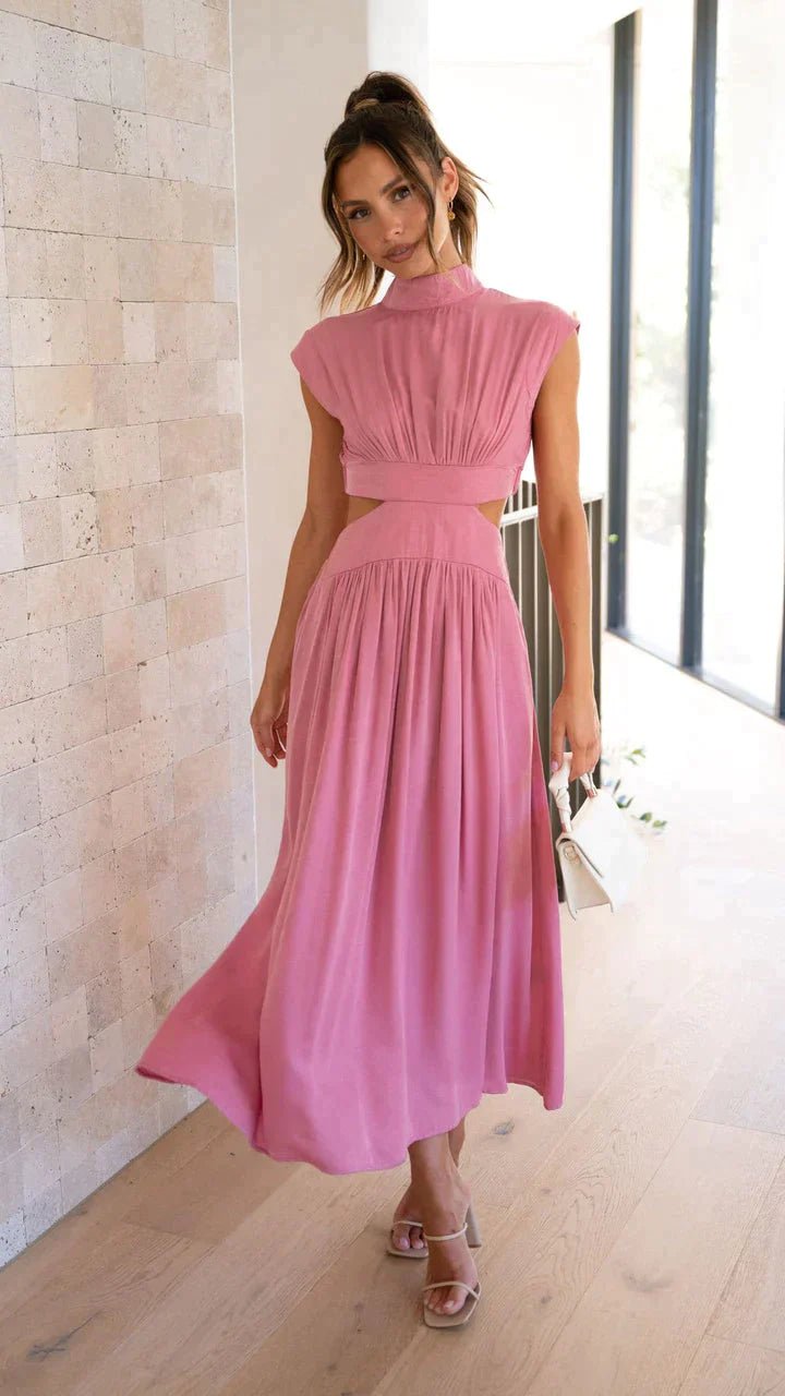 Robe midi Valentina à col montant et découpes à la taille