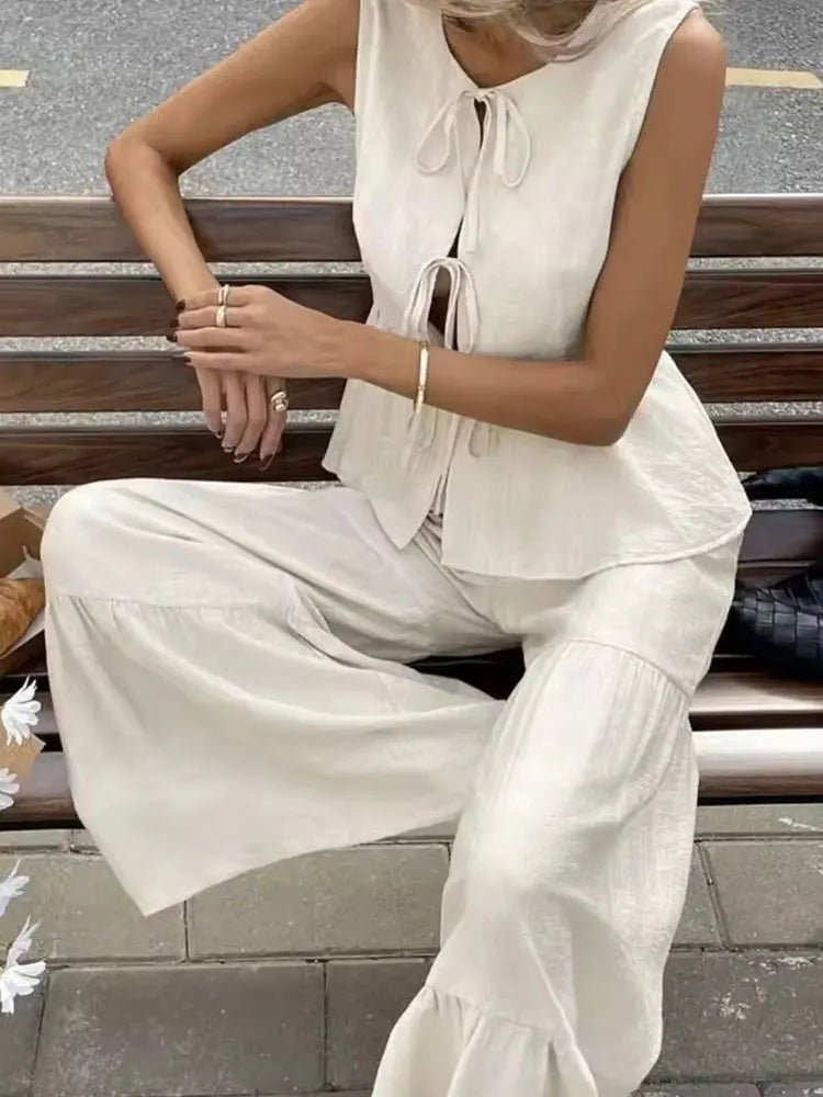Ensemble Vianne avec gilet à nouer sur le devant et pantalon