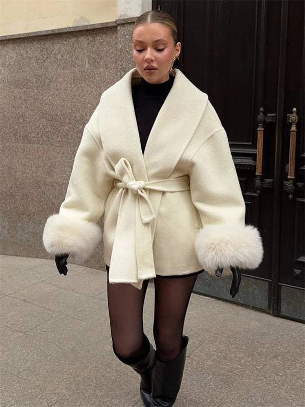 Wool Wrap Coat with Fox Fur Cuff