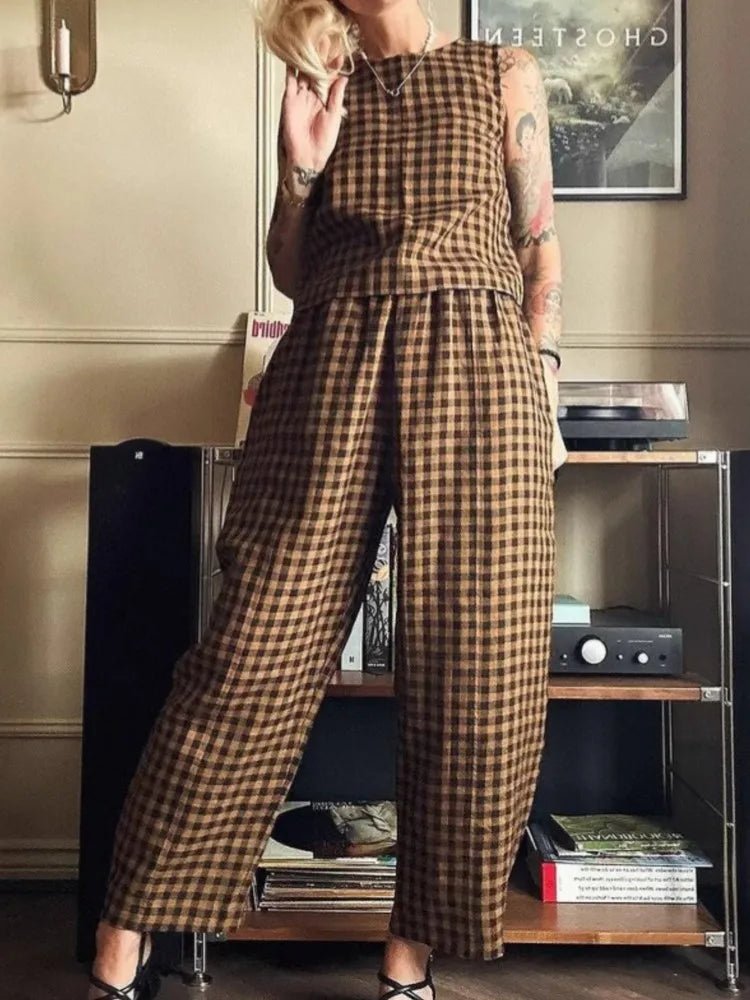 Ensemble Wren à gilet sans manches à carreaux et pantalon 7/8
