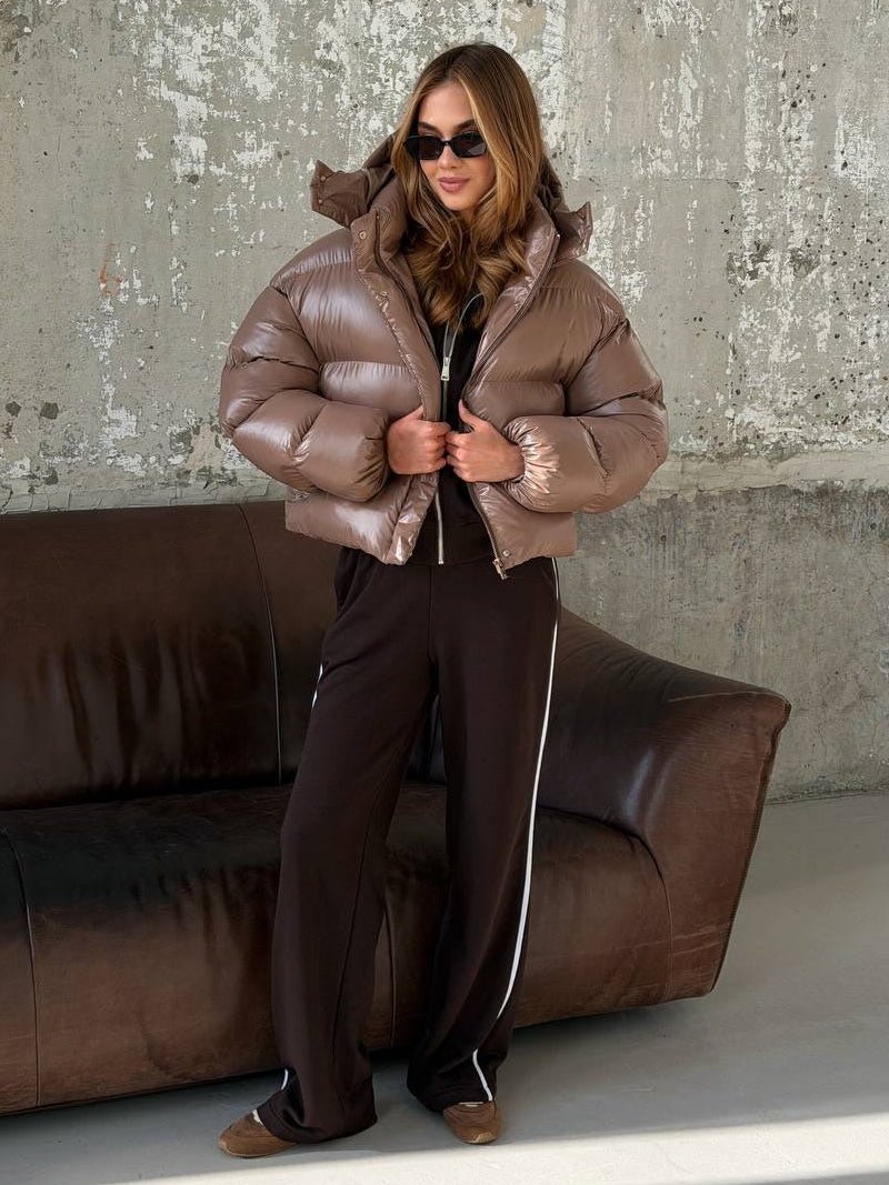 Mette Glossy Hooded Puffer Jacket in mocha brown – styled look