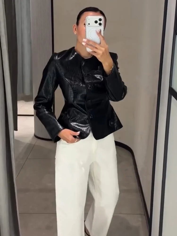 Ragna Croc-Effect Faux Leather Jacket in black – styled look