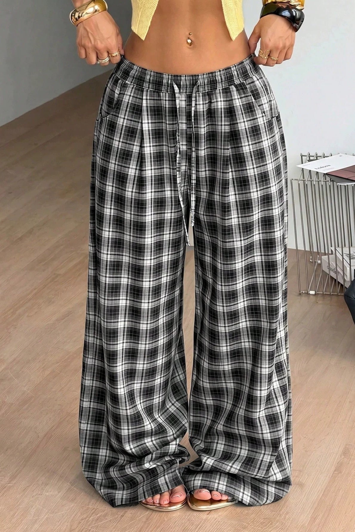 Saga Plaid Drawstring Wide-Leg Pants in black plaid – styled look