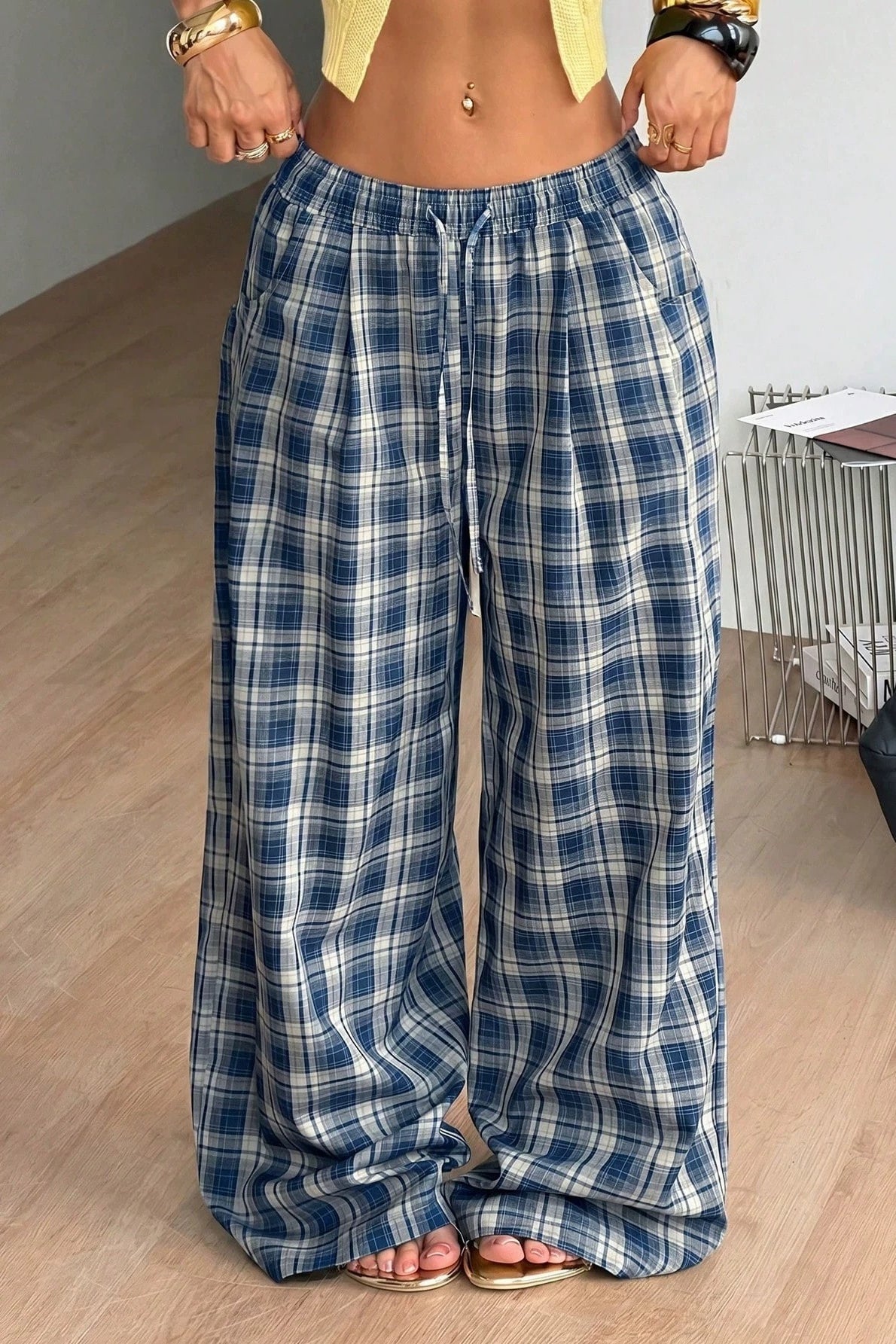 Saga Plaid Drawstring Wide-Leg Pants in blue plaid – styled look