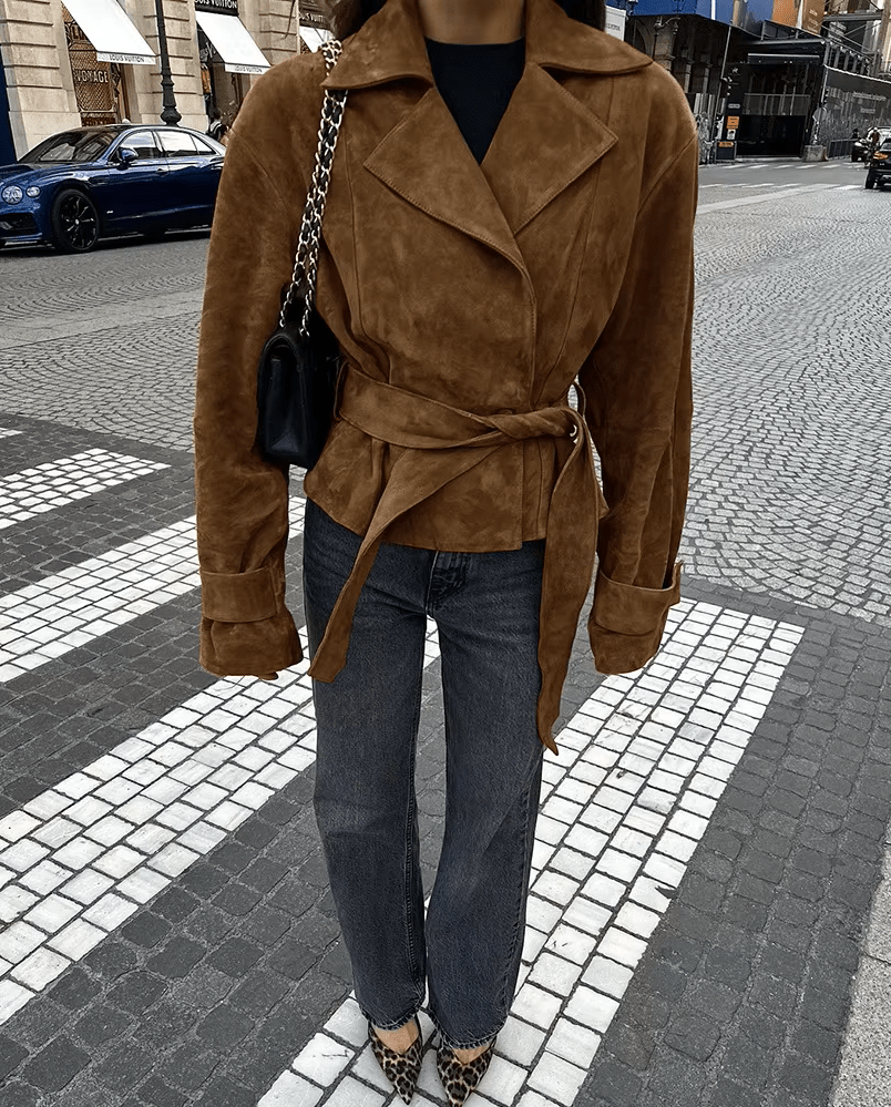 Siena Belted Faux Suede Wrap Jacket in tan brown – styled look