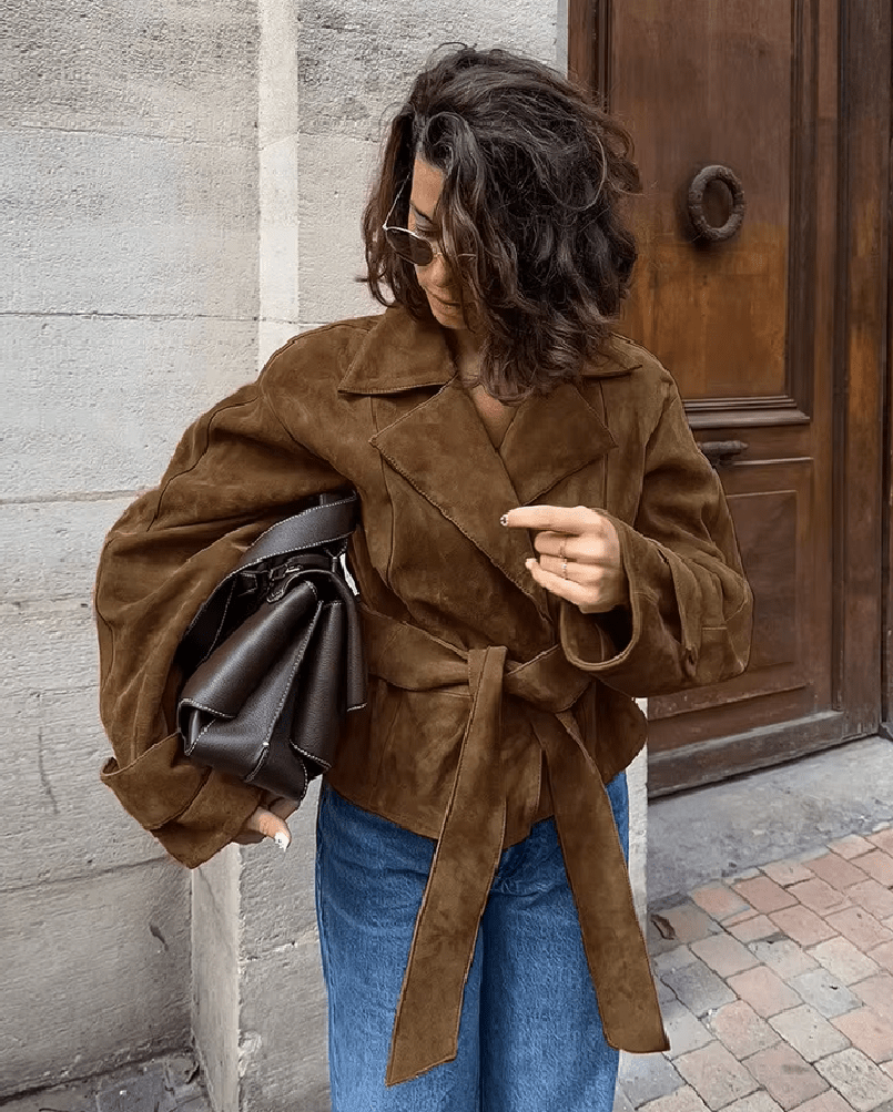 Siena Belted Faux Suede Wrap Jacket in tan brown – styled look