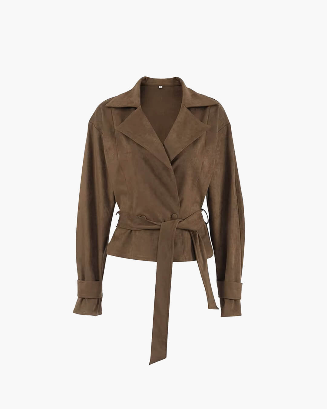 Siena Belted Faux Suede Wrap Jacket in tan brown – product shot