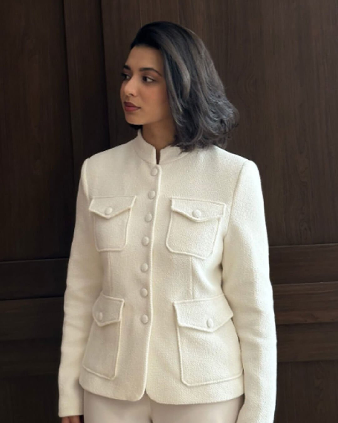 Signe Flap-Pocket Collar Blazer in ivory – styled look