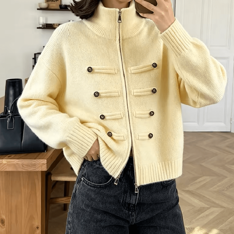 Sofie Turtleneck Zip Knit Cardigan in pale yellow – styled look