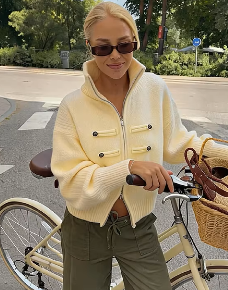 Sofie Turtleneck Zip Knit Cardigan in pale yellow – styled look