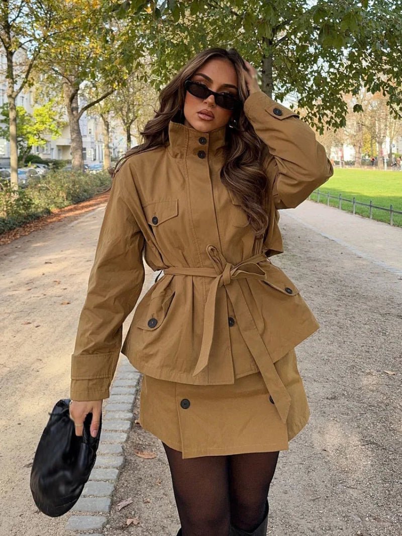 Tilde Belted Jacket & Skort Co-ord in camel – styled look